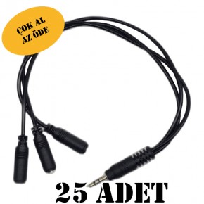 25 ADET 3.5mm Aux Erkek - 3 Port Aux Dişi Ses Çoklayıcı - Kulaklık ve Hoparlör Ayırıcı Kablo
