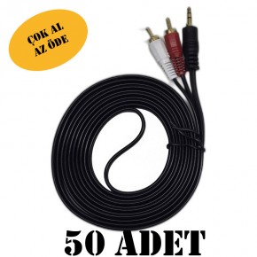 50 ADET 3 Metre 2 RCA - 3.5mm Stereo Aux Ses Kablosu - Gold Uçlu Yüksek Kaliteli Ses Aktarım Kablosu