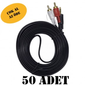50 ADET 5 Metre 2 RCA - 3.5mm Stereo Aux Ses Kablosu - Analog Ses Aktarım Kablosu